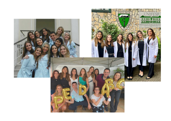 Dra Lívia junto com colegas médicos. Na primeira imagem com grupo de internato da faculdade. Na segunda imagem com pediatras na sua formatura de pediatria. Na terceira com suas colegas na formatura de Gastropediatria.