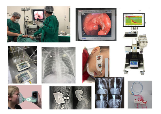Aqui é uma montagem com diversas imagens de arquivo pessoal, mostrando endoscopias, equipamento de manometria, equipamento de pHmetria e impedânciopHmetria, equipamento de teste respiratório, imagens de exames contrastados e de sonda de impedanciopHmetria 